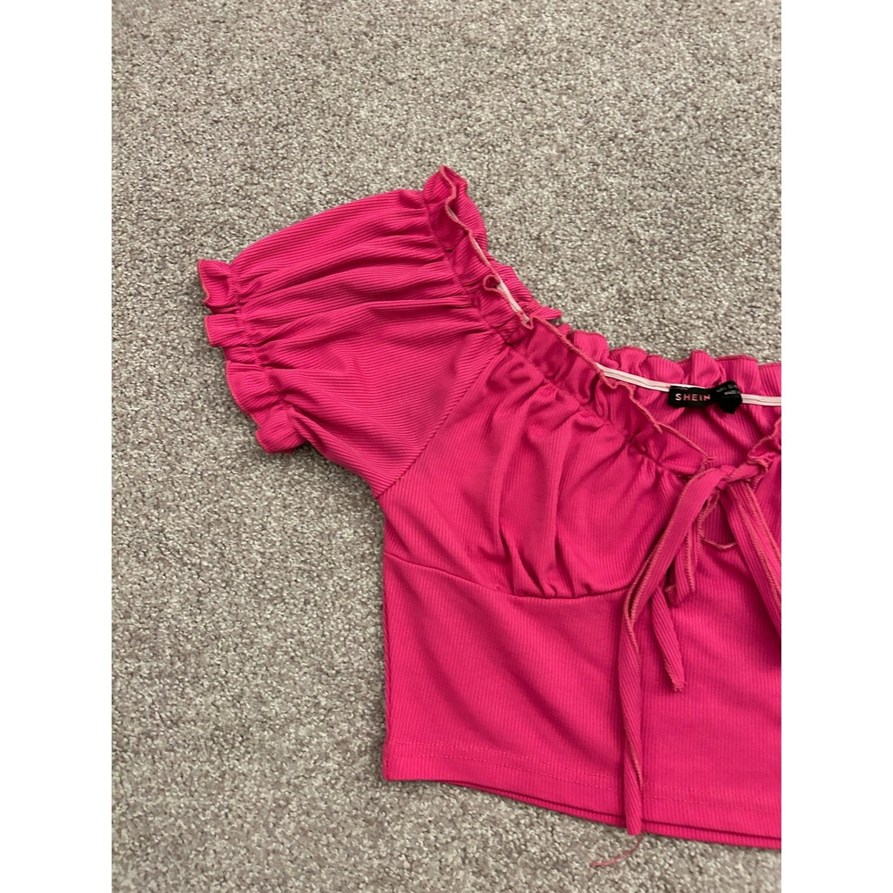 SHEIN Crop Top Womens Large Pink Excellent Ribbed Tie Front Puff Sleeve Ruffle - Picture 4 of 11